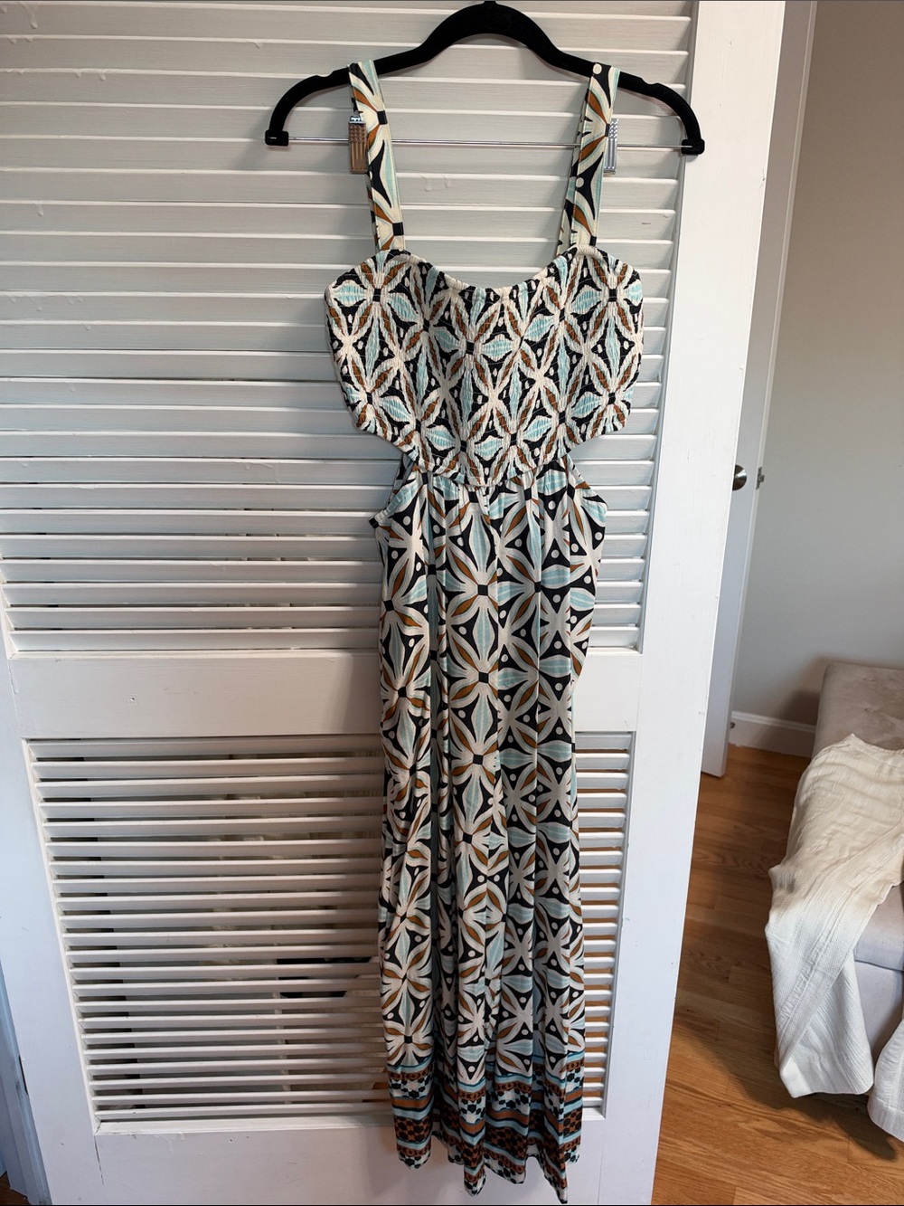 Anthropologie Geometric Print Maxi Dress in Black, Cream & Aqua